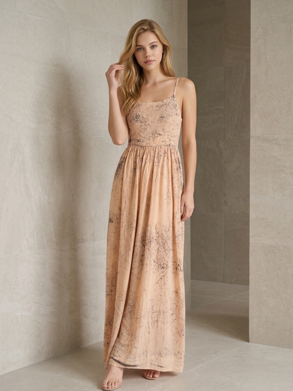 The Odells - Peach Marble-Print Spaghetti-Strap Maxi Dress
